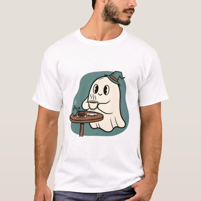 Cozy Ghost Tea Time – Cute Spooky Halloween  T Shirt (Framsida)