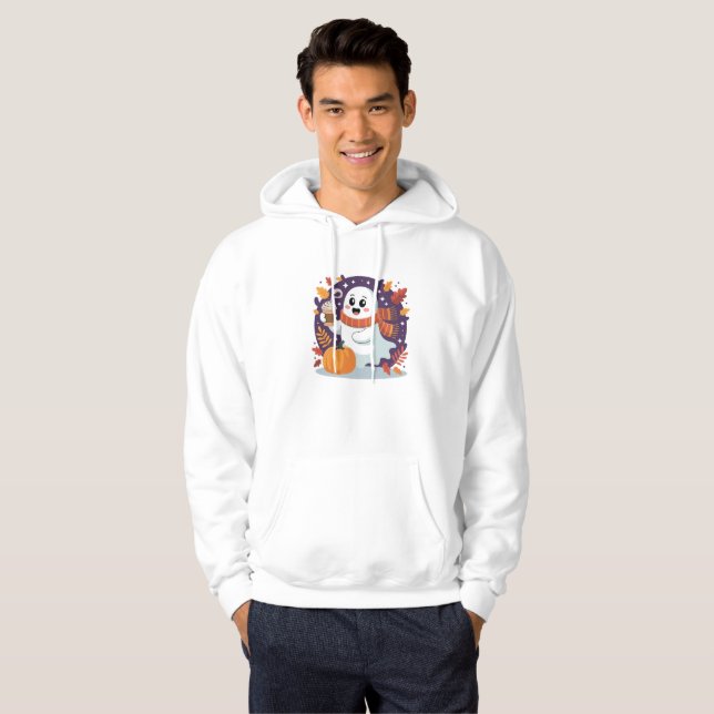 Cozy Ghost with Pumpkin Latte – Fall Halloween Hoodie (Hel framsida)