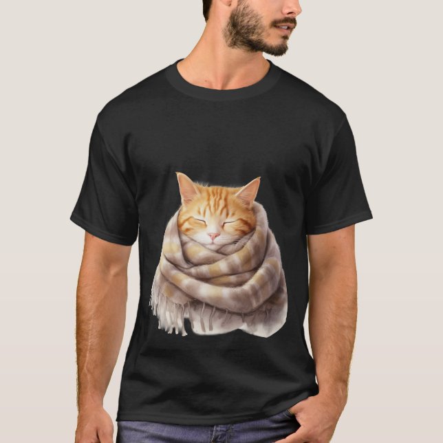Cozy Ginger Cat Snuggled in Warm Scarf Art ✨🐾🧣 T Shirt (Framsida)