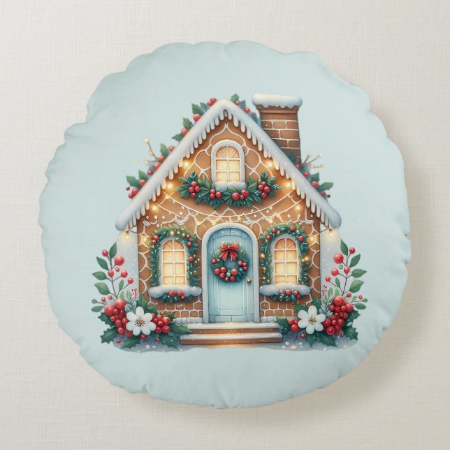 Cozy Gingerbread House Holiday Illustration Rund Kudde (Framsidan)