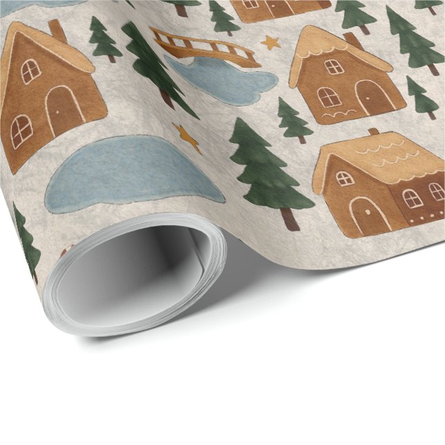 Cozy Gingerbread Village Wrapping Paper Presentpapper (Rullad Hörn)