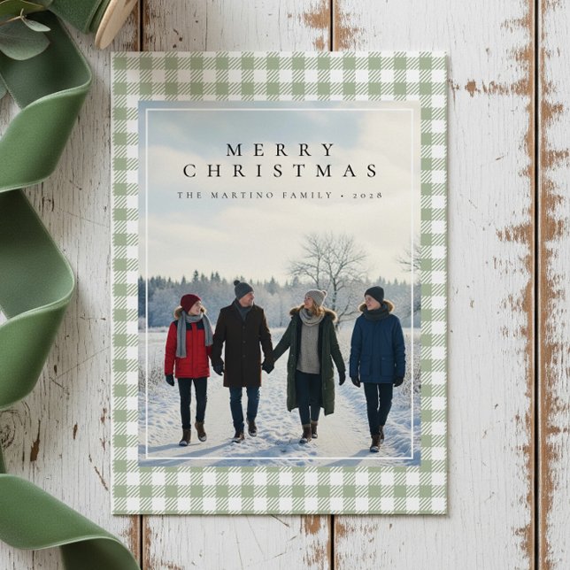 Cozy Gingham Modern Rustic Photo Christmas Card Julkort (Skapare uppladdad)