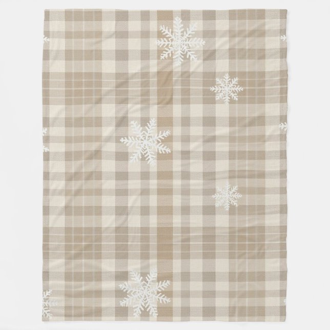Cozy Gingham Snowflake Blanket – Beige & Taupe Fleecefilt (Framsidan)