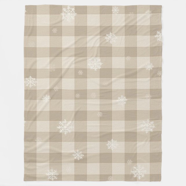 Cozy Gingham Snowflake Blanket – Beige & Taupe Fleecefilt (Framsidan)