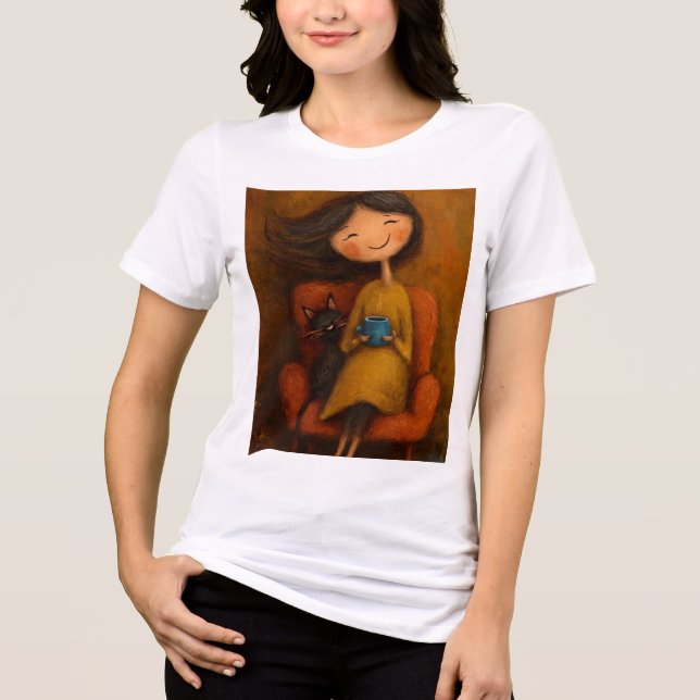Cozy Girl with Black Cat and Coffee- Whimsical tee (Framsida)