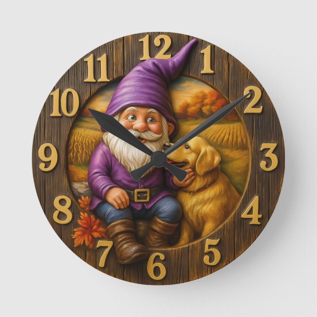 Cozy gnome & dog autumn  rund klocka (Framsida)