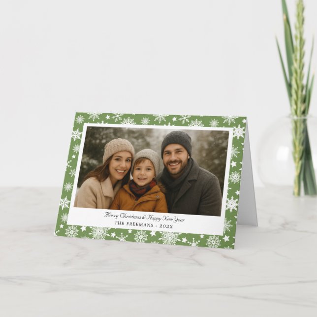 Cozy Green Snowflakes Christmas Photo Helgkort (Framsida)