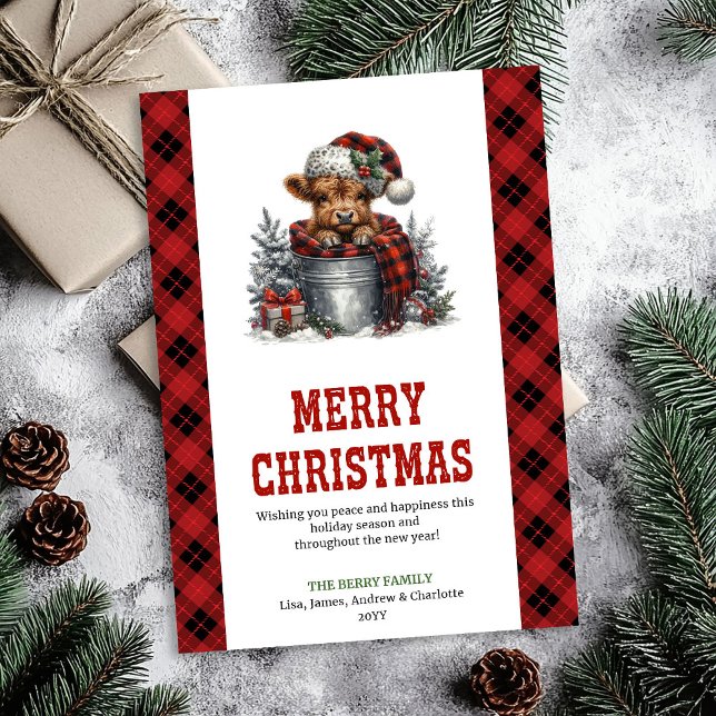 Cozy highland cow Christmas greeting design Julkort (Cozy highland cow Christmas greeting design Holiday Card)