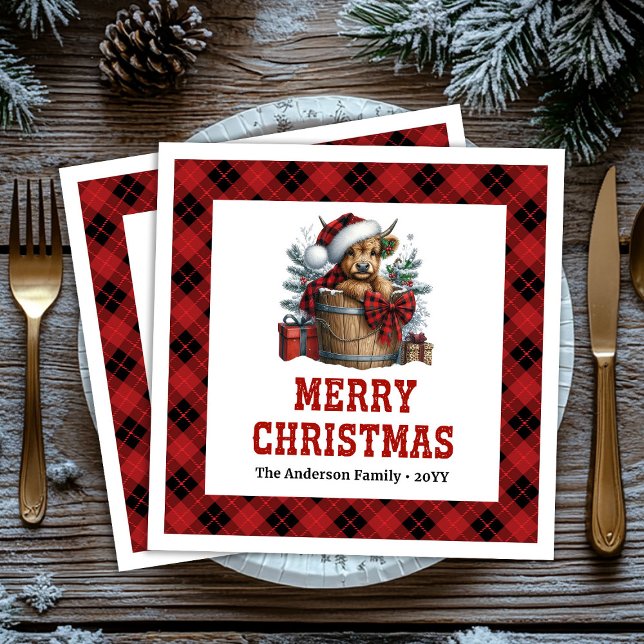 Cozy highland cow holiday napkins red black plaid  pappersservett (Cozy highland cow holiday napkins red black plaid custom

)