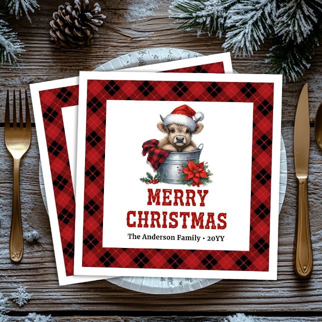 Cozy highland cow red black tartan holiday napkins pappersservett (Cozy highland cow red black tartan holiday napkin)
