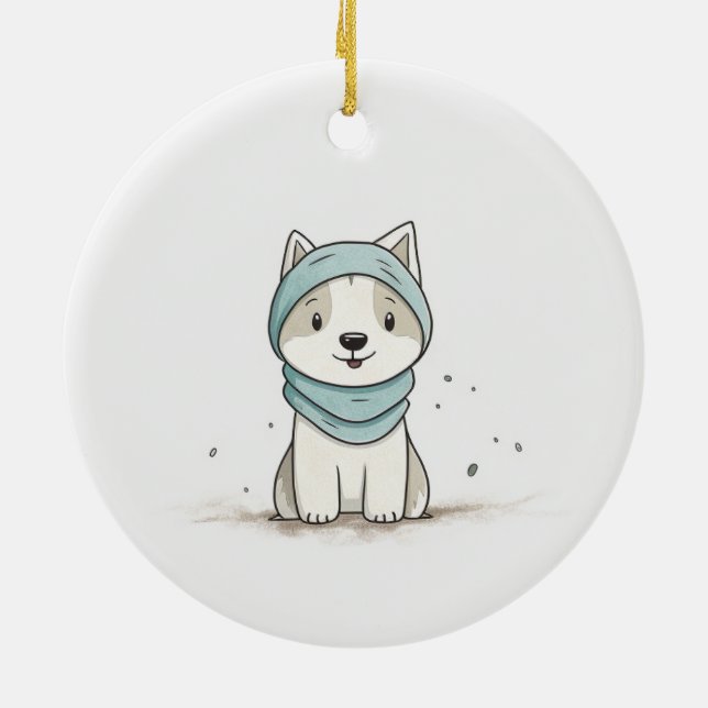 Cozy Husky Illustration - Adorable Puppy in Scarf Julgransprydnad Keramik (Baksidan)