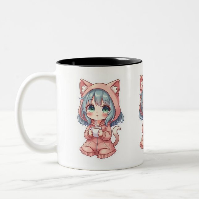 Cozy Kawaii Anime Girl with Cat Hoodie – Hot Drink Två-Tonad Mugg (Vänster)