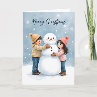 Cozy Kids Building a Snowman Blank Christmas Kort
