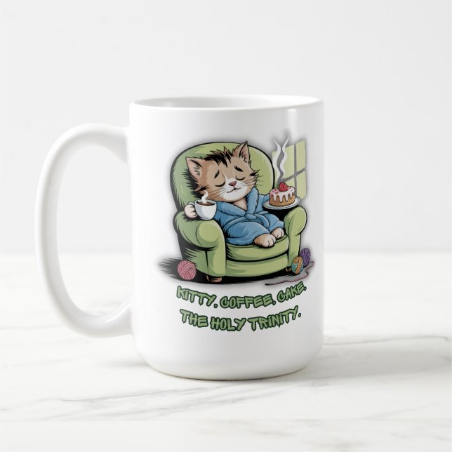 Cozy Kitten with Coffee and Cake – Funny Cat Kaffemugg (Vänster)