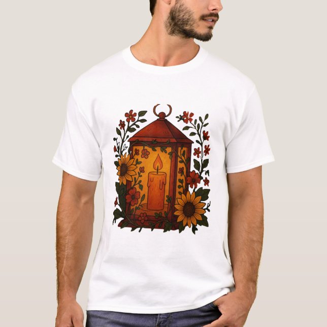 Cozy Lantern with Sunflowers Art T Shirt (Framsida)