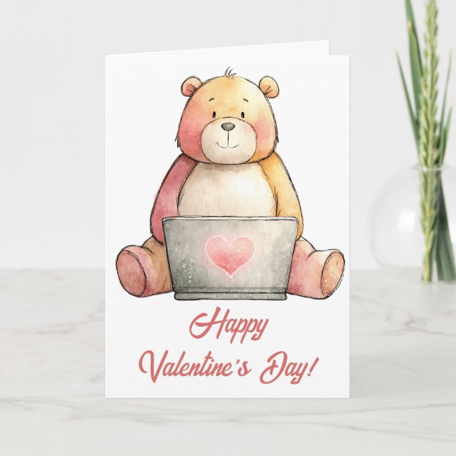 Cozy Laptop Bear Valentine`s Day Kort (Framsida)