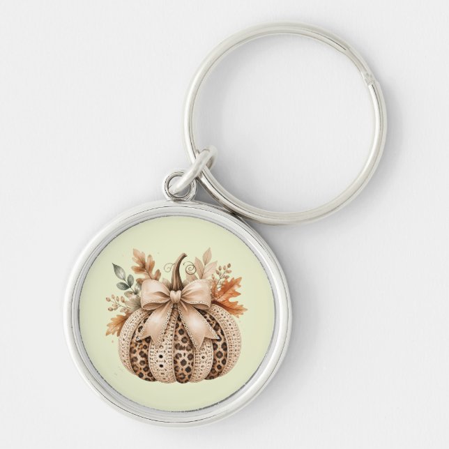 Cozy Leopard Print & Crochet Pumpkin Neutral Fall Rund Silverfärgad Nyckelring (Framsidan)