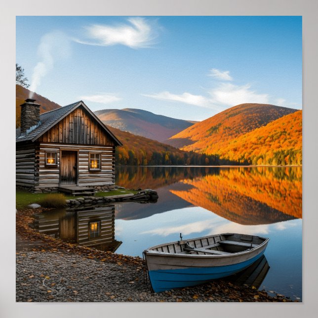 Cozy Log Cabin Fall Autumn Lake Reflection Poster (Framsidan)