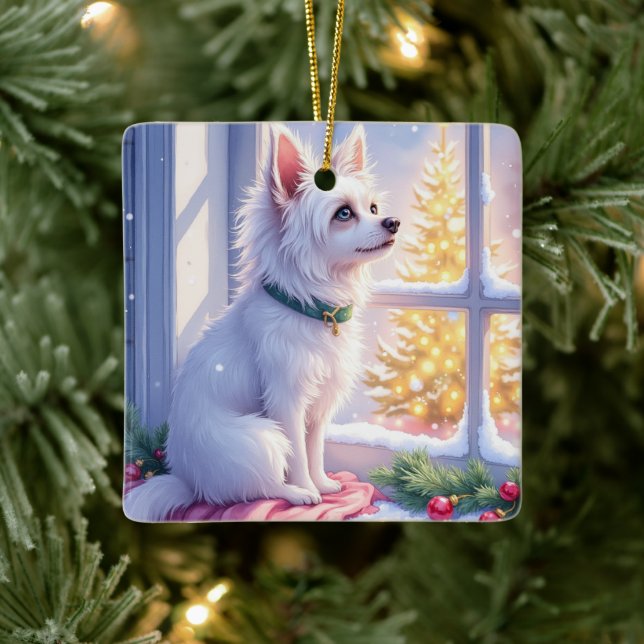 Cozy Maltese by Snowy Window Christmas Dog Art Julgransprydnad Keramik (Träd)
