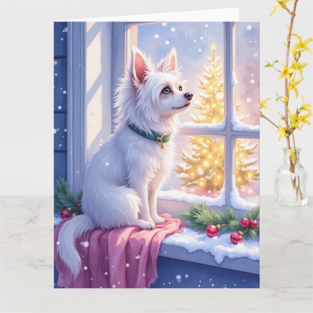 Cozy Maltese by Snowy Window Christmas Dog Art Kort (Gul blomma)