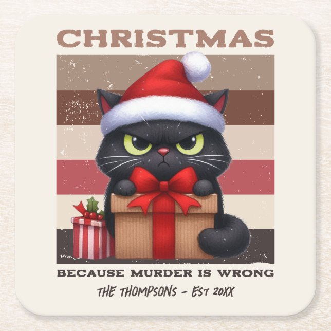 Cozy Mocha Mousse Funny Cat Retro Christmas Underlägg Papper Kvadrat (Framsidan)