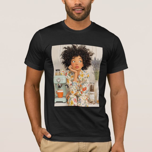 Cozy Morning Coffee Girl – Warm AI Illustration  T Shirt (Framsida)
