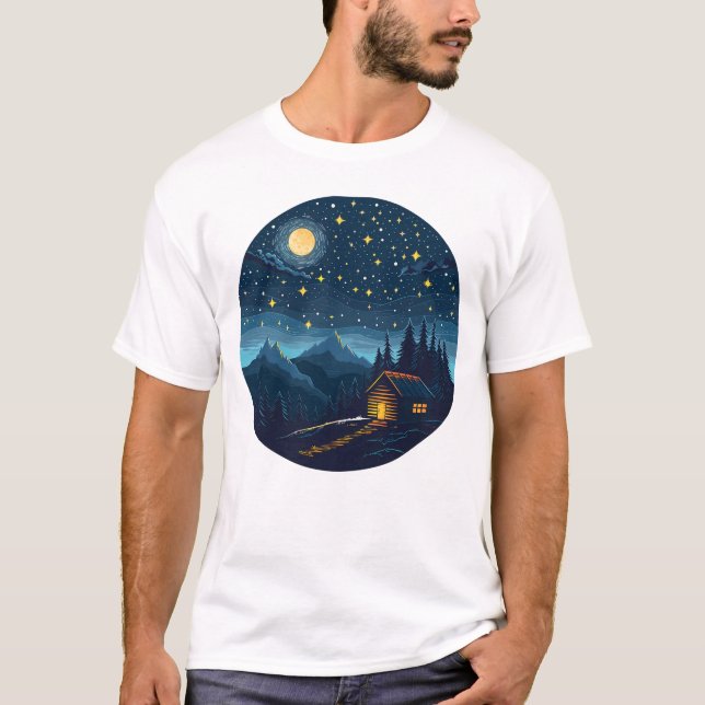 Cozy Night Cabin Under Starry Sky T-Shirt (Framsida)