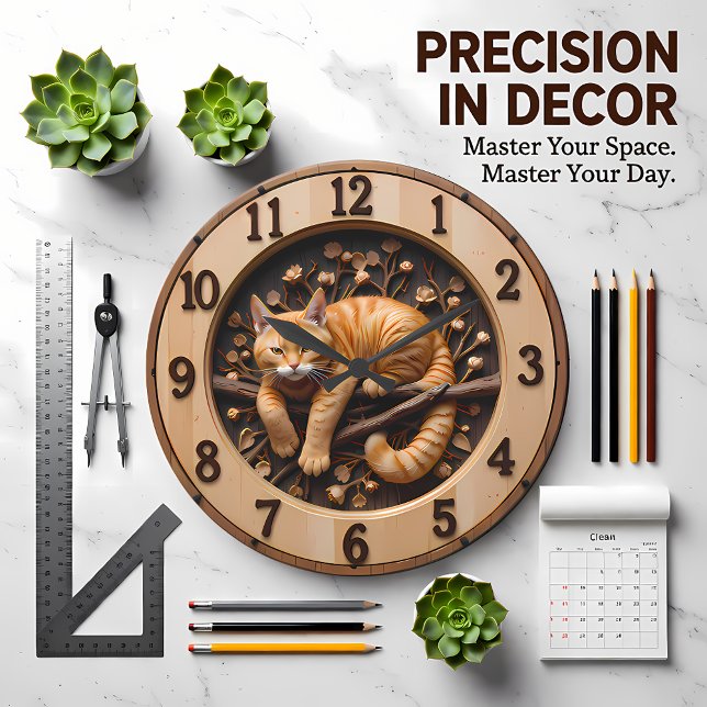 Cozy Orange Tabby Cat Wood Stor Klocka (Skapare uppladdad)