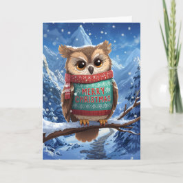 Cozy Owl in the Mountains Christmas Card Helgkort