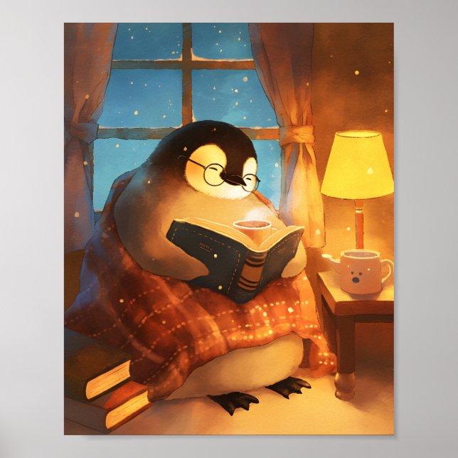 Cozy Penguin Reading Nursery Wall Art Print Poster (Framsidan)