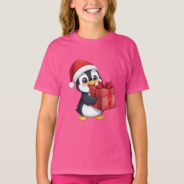 Cozy Penguin with Gift – Kids Christmas Tee (Framsida)