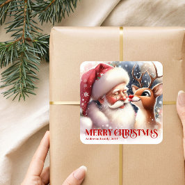 Cozy Personalized Santa and Rudolph Winter Sticker Fyrkantigt Klistermärke