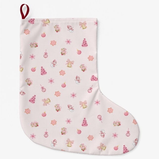 Cozy Pink Christmas Pattern Stor Julstrumpa (Framsidan)