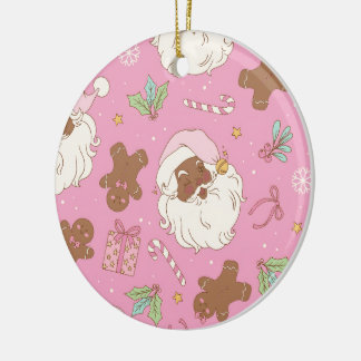 Cozy Pink Pastel Black Santa & Bow Christmas Julgransprydnad Keramik