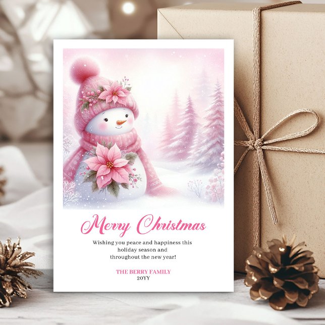 Cozy pink snowman Christmas kids card instant down Julkort (Cozy pink snowman Christmas kids card instant download)