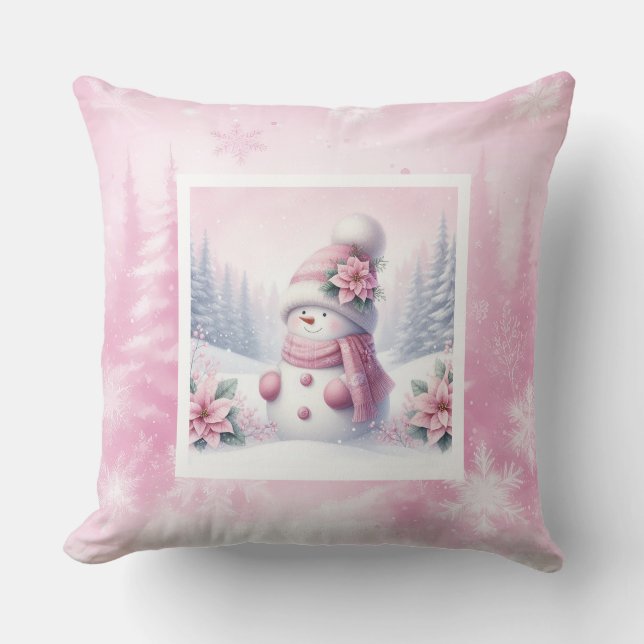 Cozy Pink Snowman Pinkmas Winter Scene Kids Pillow Kudde (Framsida)