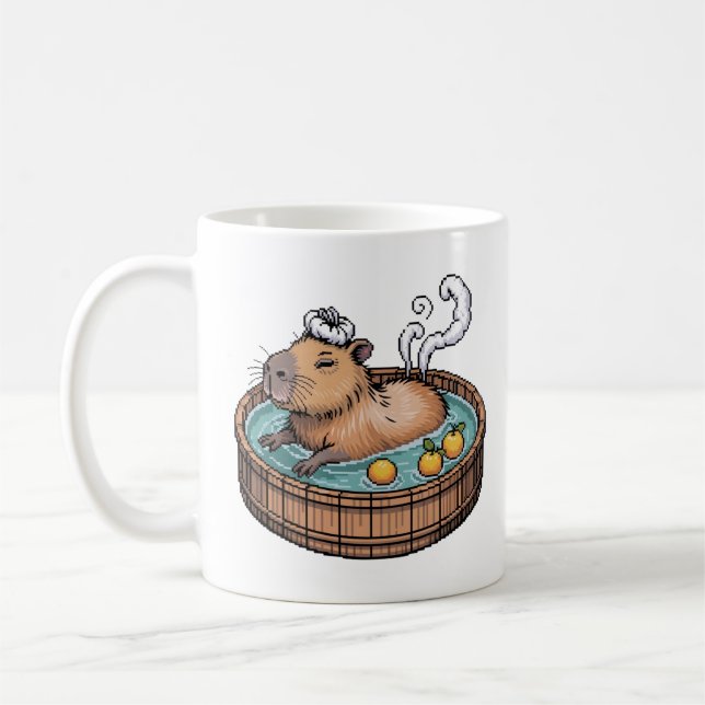 Cozy Pixel Art Zen Capybara Hot Spring Kaffemugg (Vänster)