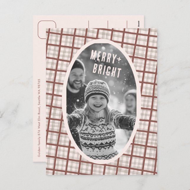 Cozy Plaid Gingham Christmas Custom Photo Collage Helg Vykort (Fram/baksida)