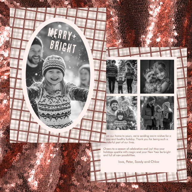 Cozy Plaid Gingham Christmas Custom Photo Collage Julkort (Cozy Plaid Gingham Neutral Brown Christmas Custom Photo Collage Holiday Card
)