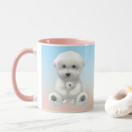 Cozy Plush Moment: Smiling Bichon Hugging Mini Pup Mugg