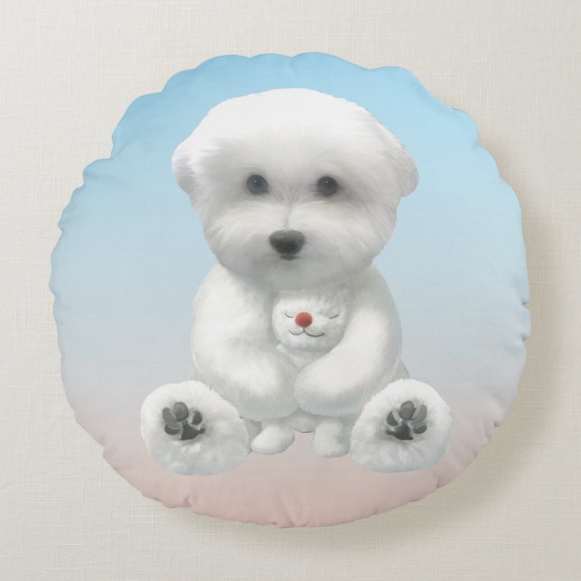 Cozy Plush Moment: Smiling Bichon Hugging Mini Pup Rund Kudde (Framsidan)