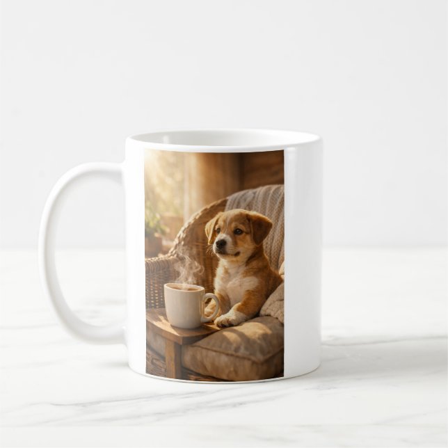 Cozy Puppy with Coffee Mug – Sunny Morning Design Kaffemugg (Vänster)