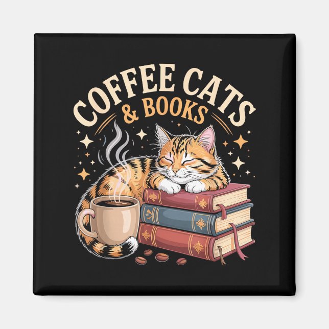 Cozy Reading Cat Coffee And Books Lover Artwork  Magnet (Framsidan)