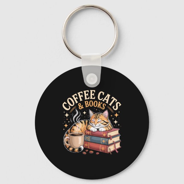 Cozy Reading Cat Coffee And Books Lover Artwork  Nyckelring (Framsida)