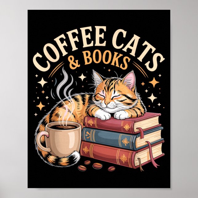 Cozy Reading Cat Coffee And Books Lover Artwork  Poster (Framsidan)