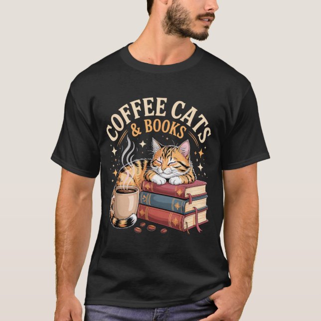 Cozy Reading Cat Coffee And Books Lover Artwork  T Shirt (Framsida)
