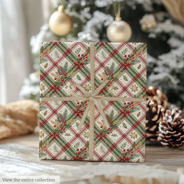 Cozy red and green watercolor holly berry wrap presentpapper (Cozy red and green watercolor holly berry wrap Wrapping Paper)