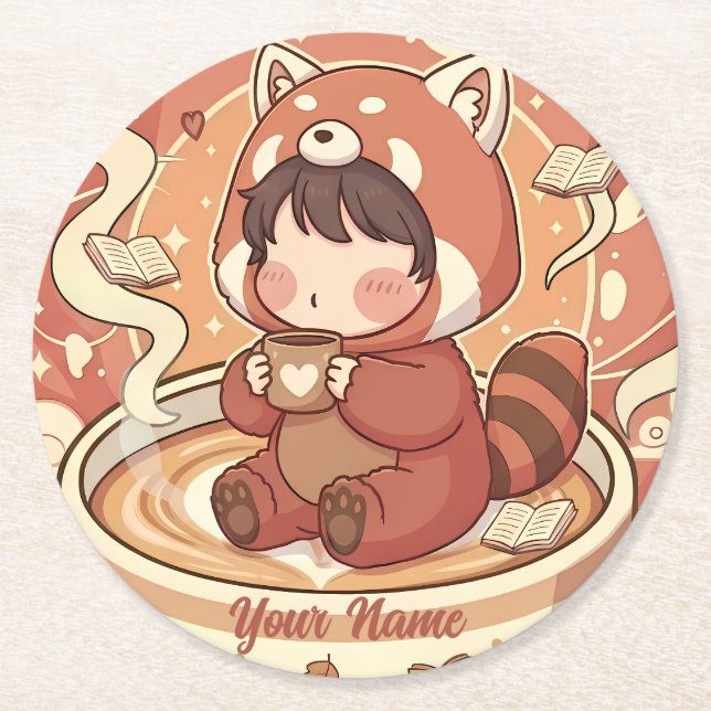 Cozy Red Panda Brew Absorbent Coaster Set Underlägg Papper Rund (Framsidan)