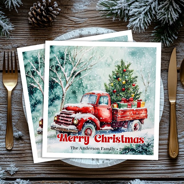 Cozy red truck Christmas scene rustic party napkin Pappersservett (Cozy red truck Christmas scene rustic party napkins)