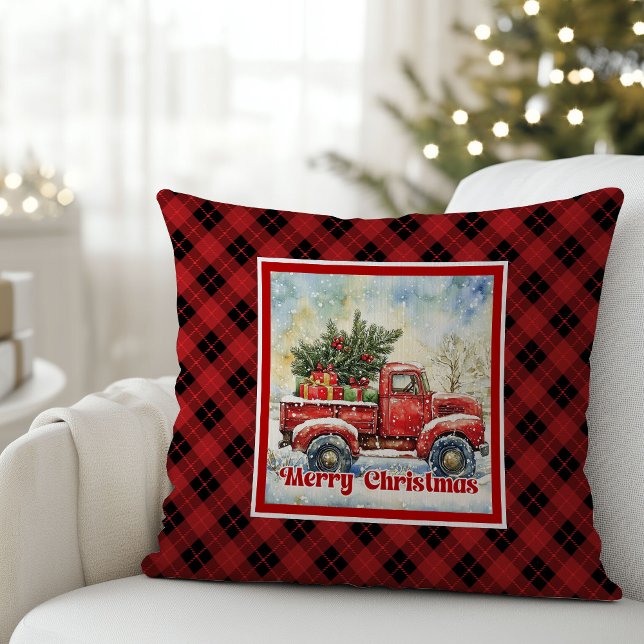 Cozy red truck holiday scene rustic red black kudde (Cozy red truck holiday scene rustic red black Throw Pillow)